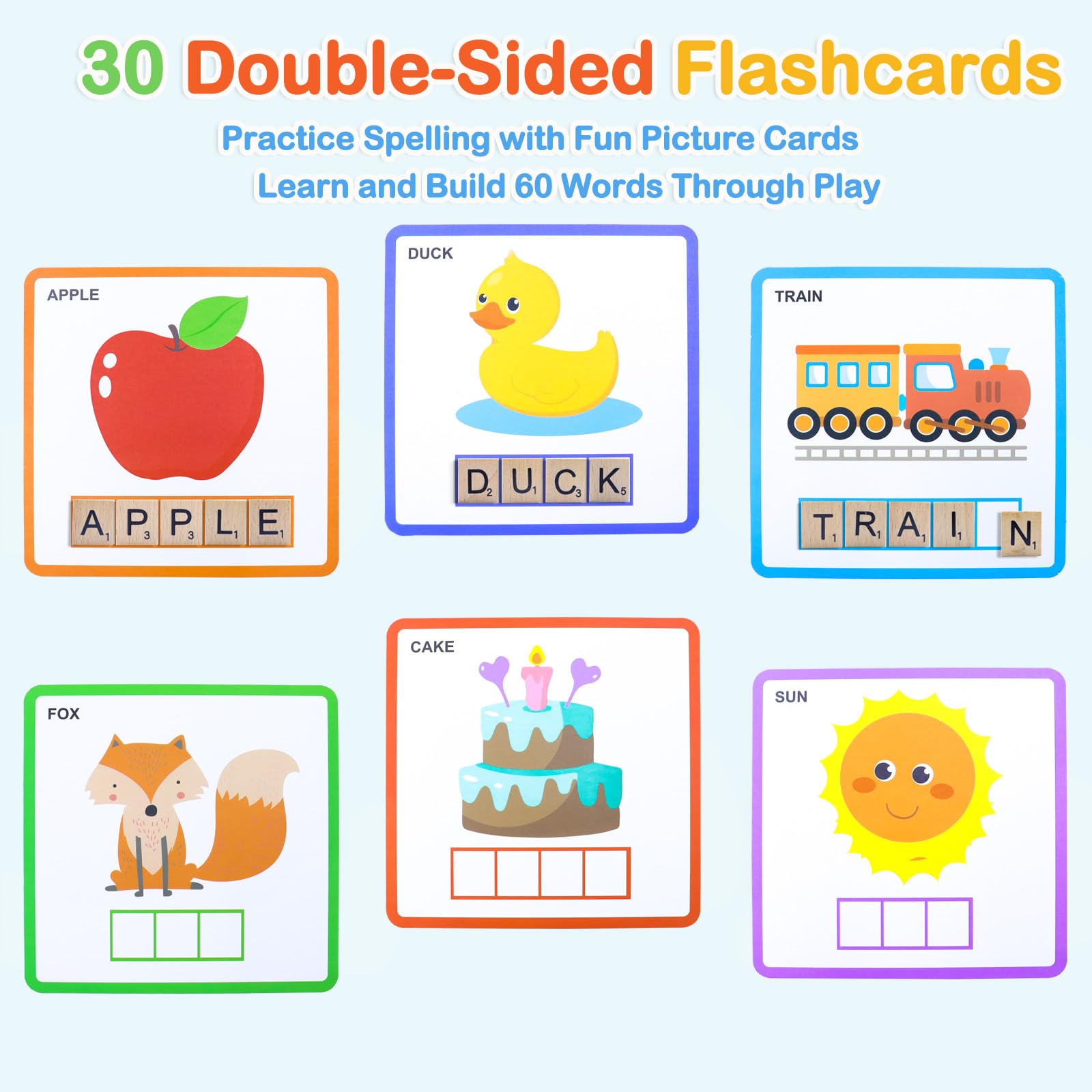 Humerry Spelling Game for Kids 3-8: 100 Wooden Letter Tiles & 60 Word Flashcards – Phonics Learning Toy for Preschool, Kindergarten, Homeschool
