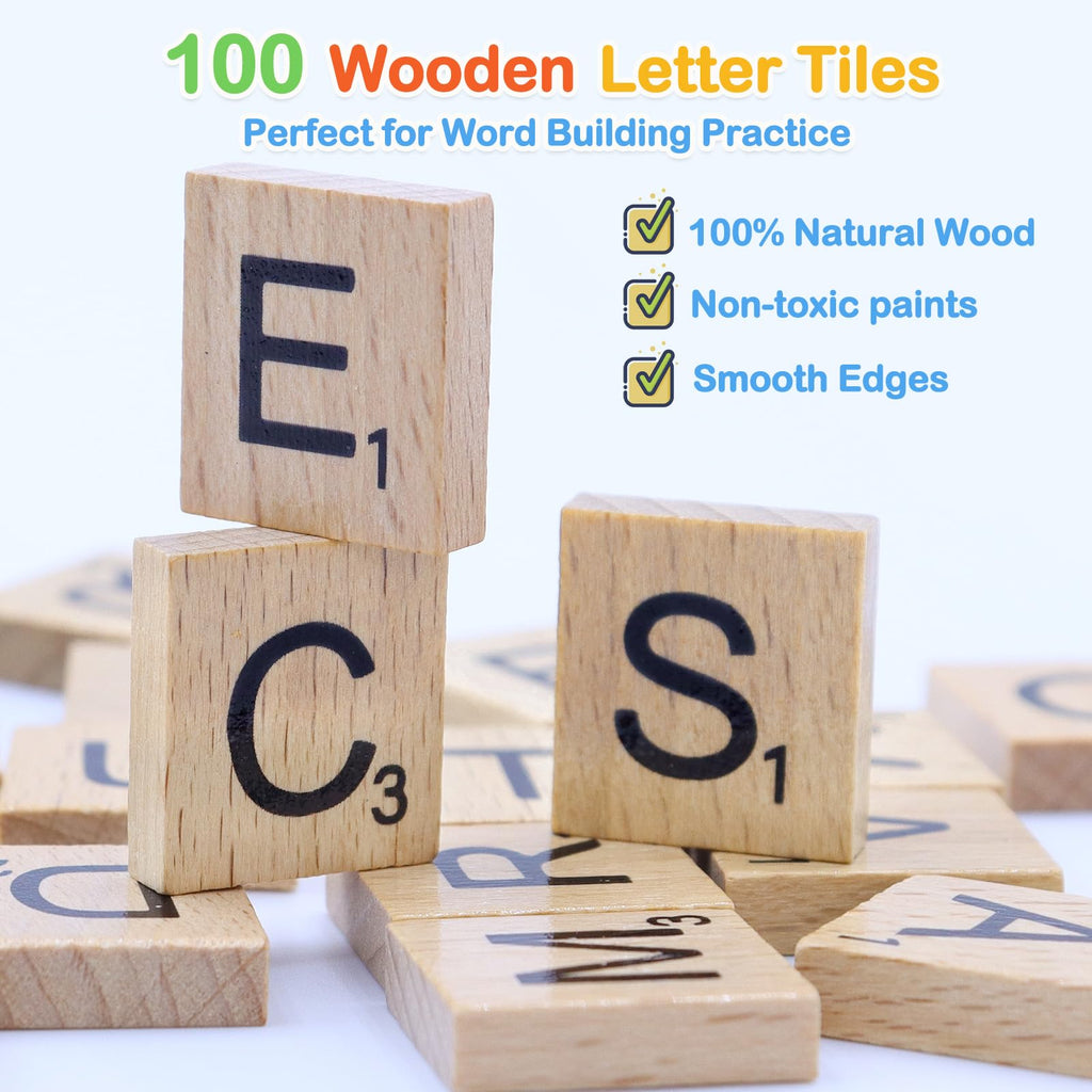 Humerry Spelling Game for Kids 3-8: 100 Wooden Letter Tiles & 60 Word Flashcards – Phonics Learning Toy for Preschool, Kindergarten, Homeschool