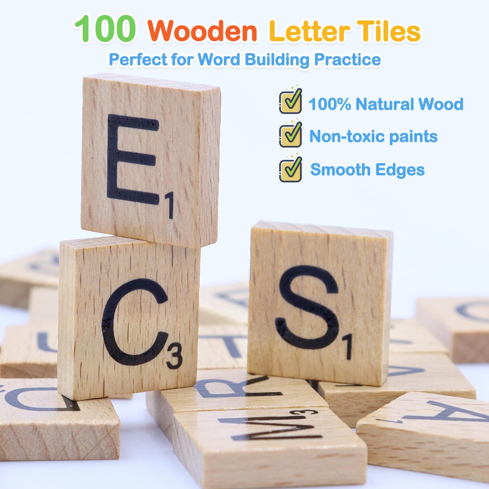 Humerry Spelling Game for Kids 3-8: 100 Wooden Letter Tiles & 60 Word Flashcards – Phonics Learning Toy for Preschool, Kindergarten, Homeschool