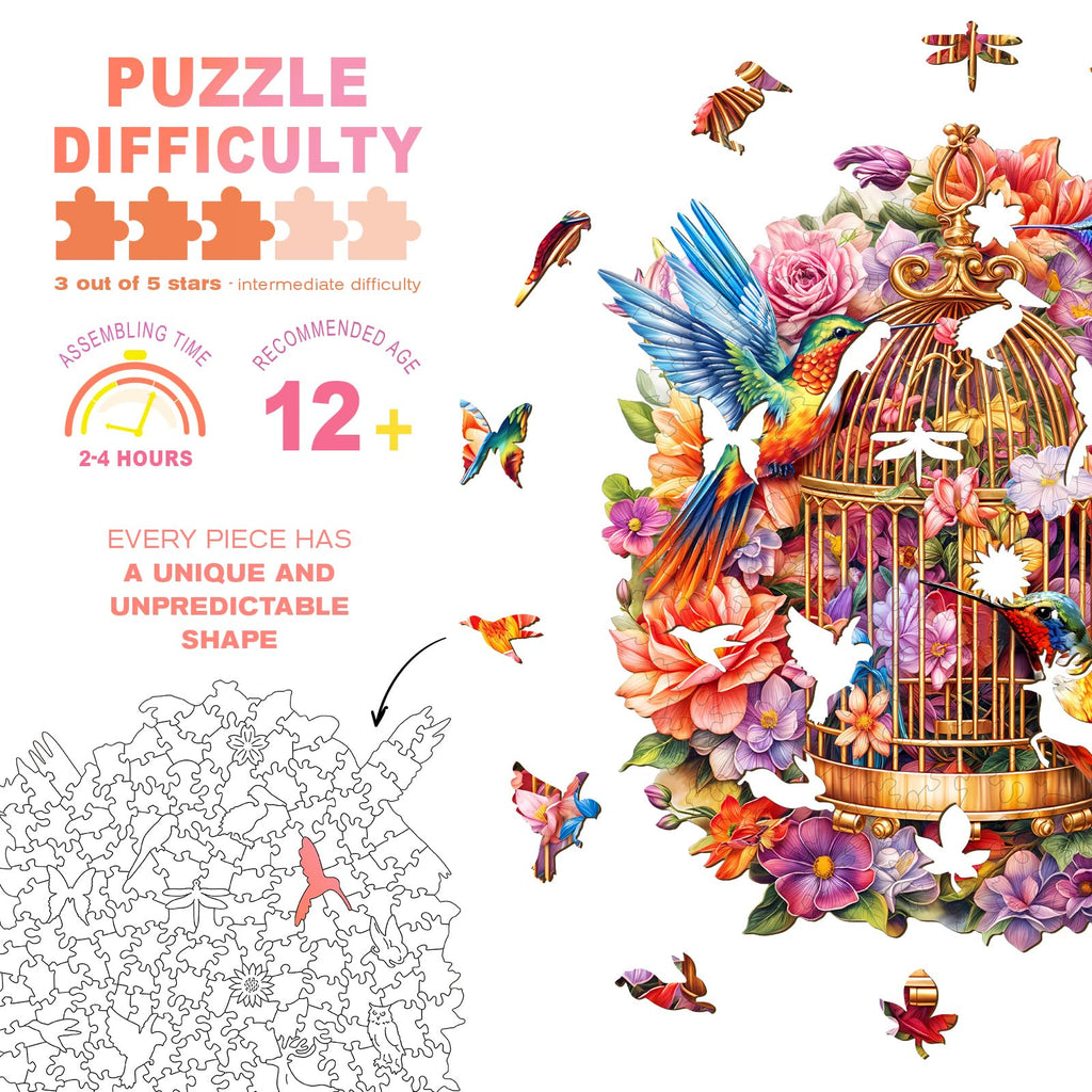 Hummingbird Garden Symphony Wooden Puzzle – 100-Piece Shaped Jigsaw for Adults, 8.5x7.3in