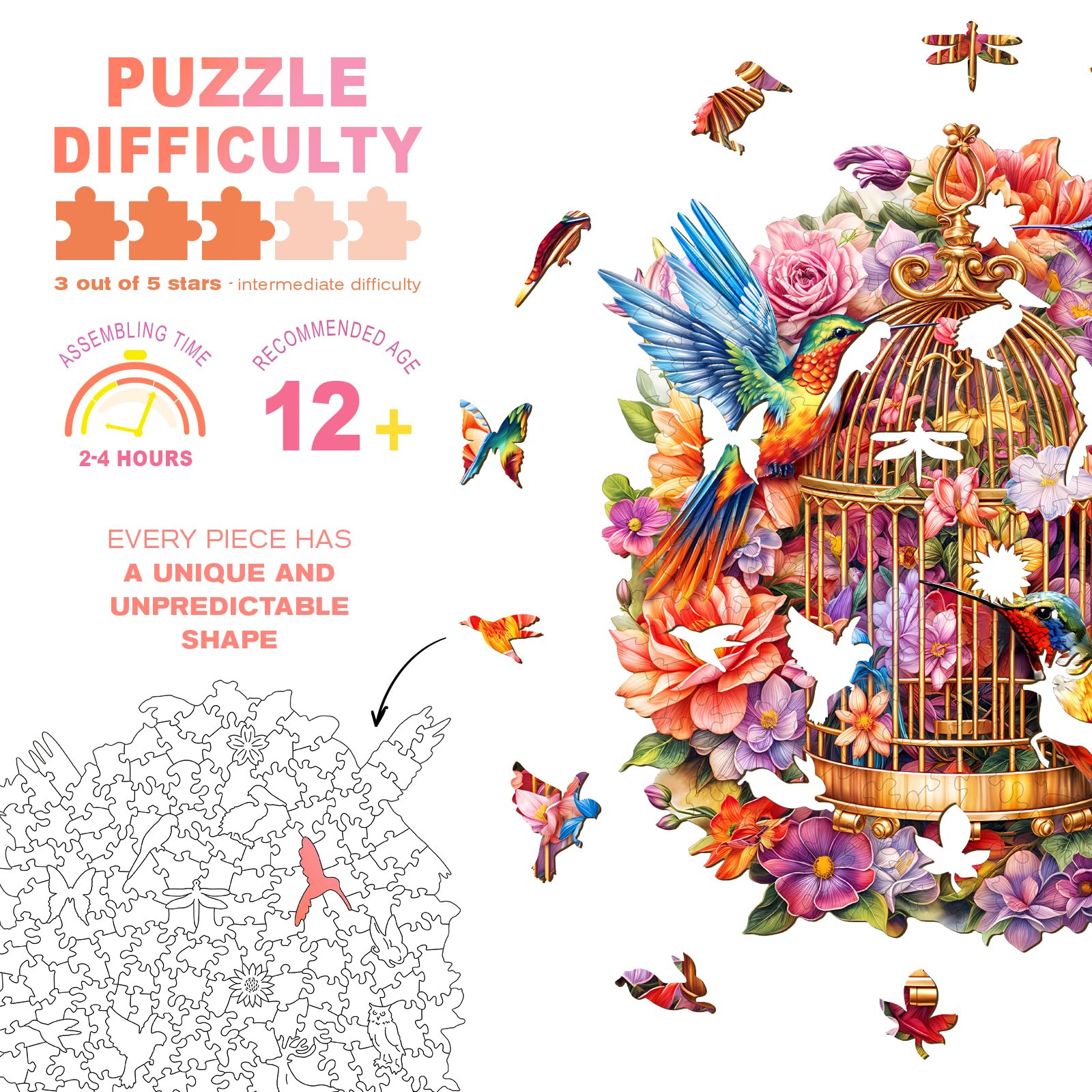 Hummingbird Garden Symphony Wooden Puzzle – 100-Piece Shaped Jigsaw for Adults, 8.5x7.3in