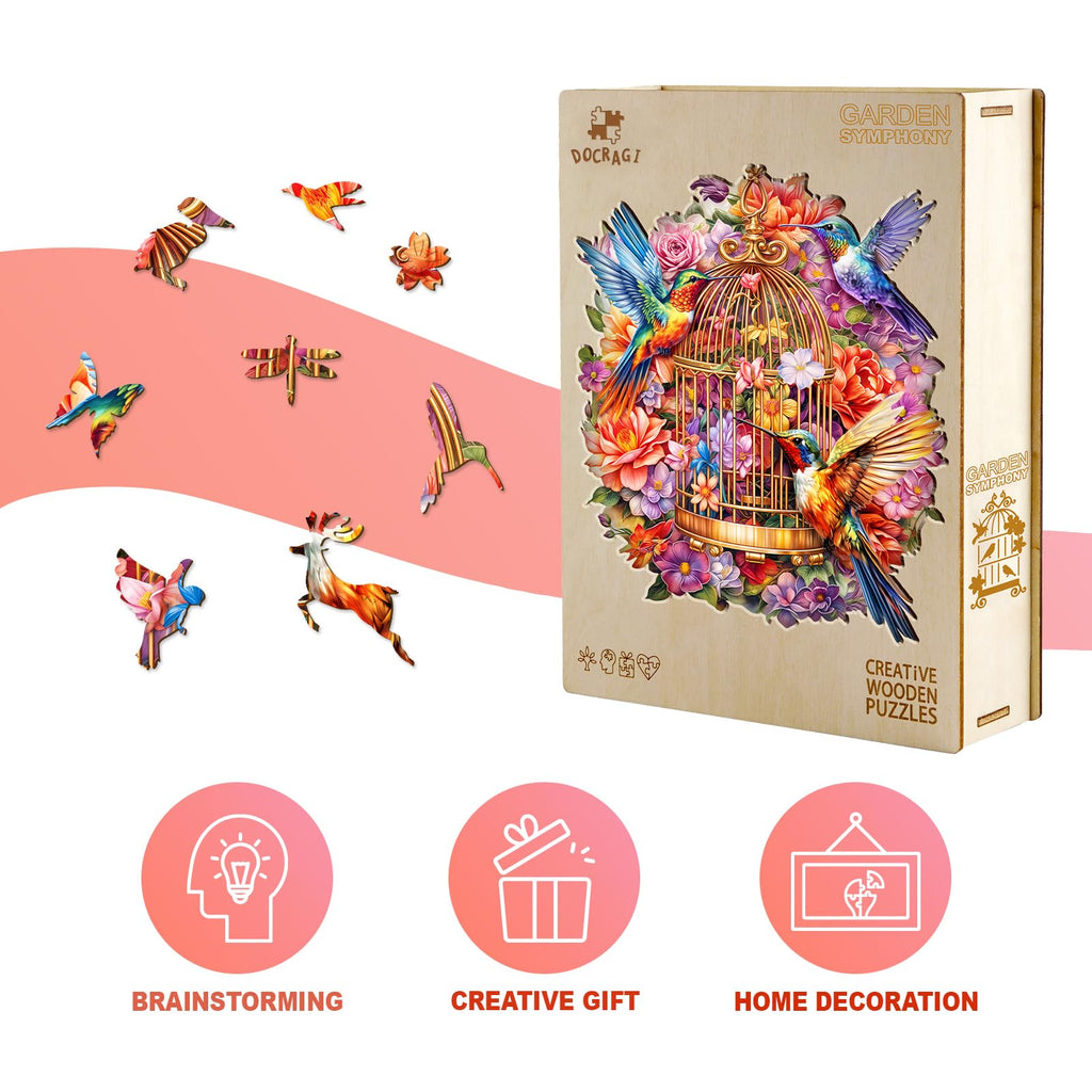 Hummingbird Garden Symphony Wooden Puzzle – 100-Piece Shaped Jigsaw for Adults, 8.5x7.3in