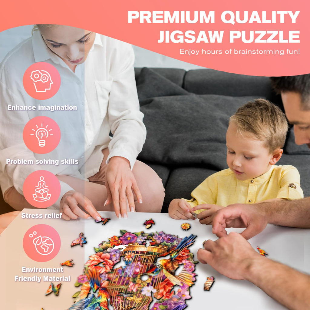 Hummingbird Garden Symphony Wooden Puzzle – 100-Piece Shaped Jigsaw for Adults, 8.5x7.3in