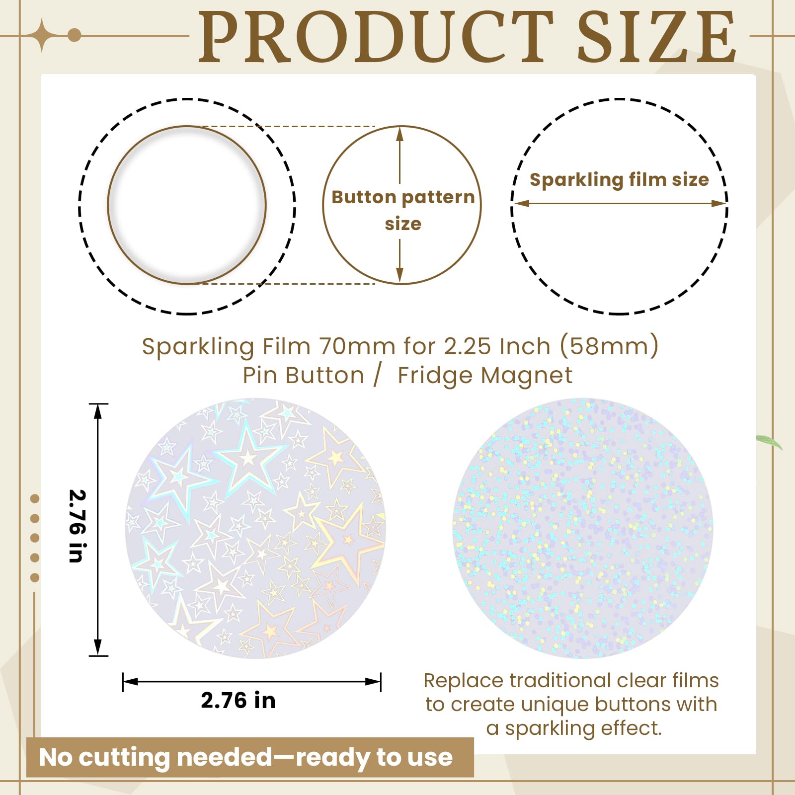 Humyoun 200 Pack Holographic Badge Protective Films - 70mm (2.76in) for 58mm Button Makers, 8 Glitter Patterns