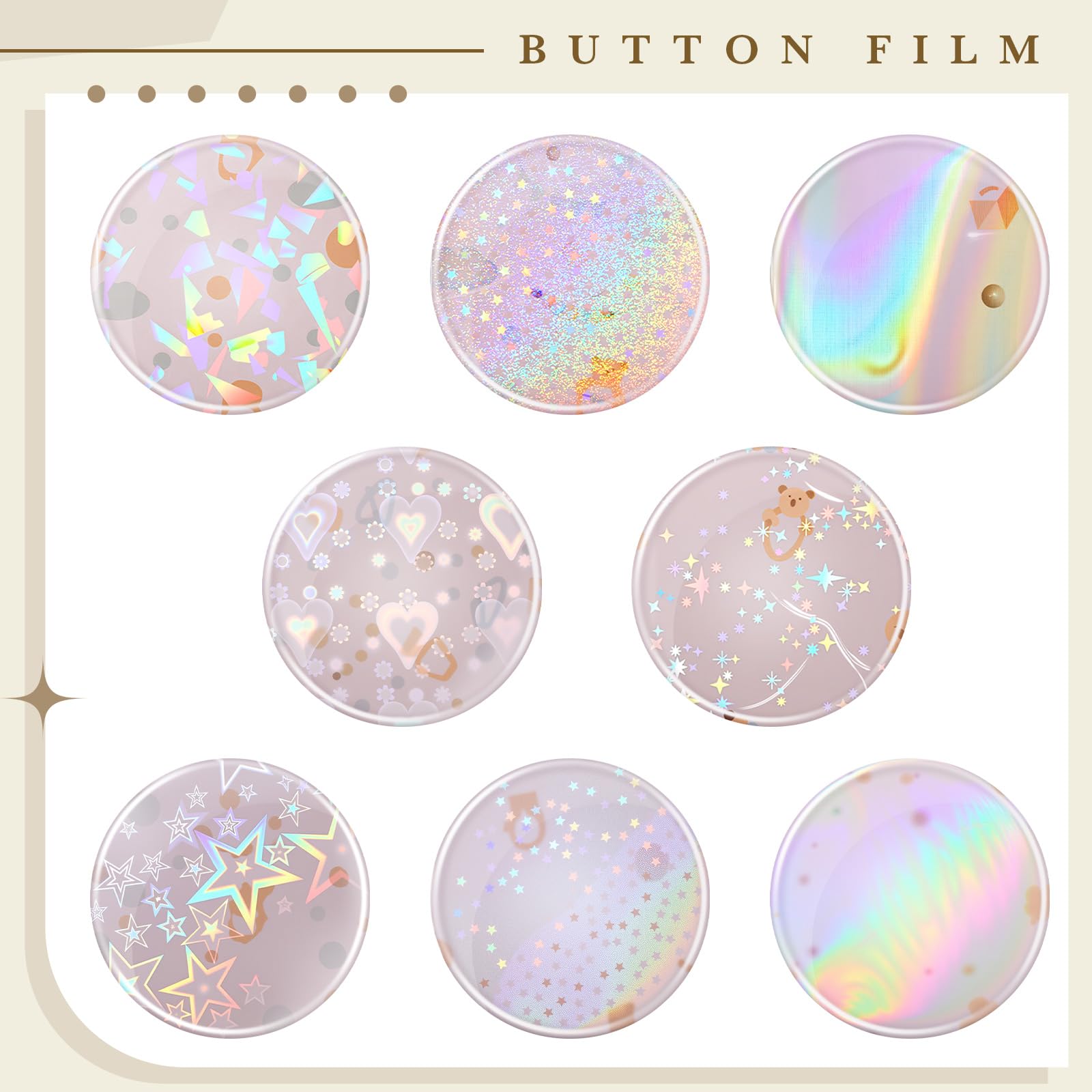 Humyoun 200 Pack Holographic Badge Protective Films - 70mm (2.76in) for 58mm Button Makers, 8 Glitter Patterns