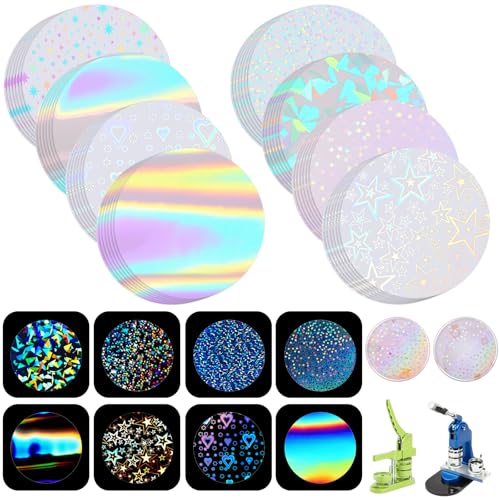 Humyoun 200 Pack Holographic Badge Protective Films - 70mm (2.76in) for 58mm Button Makers, 8 Glitter Patterns
