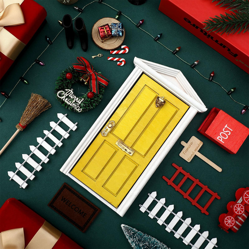 Hungdao 20-Piece Miniature Elf Fairy Doors Decor Set - Includes Red & Yellow Doors, LED Lights, and Accessories