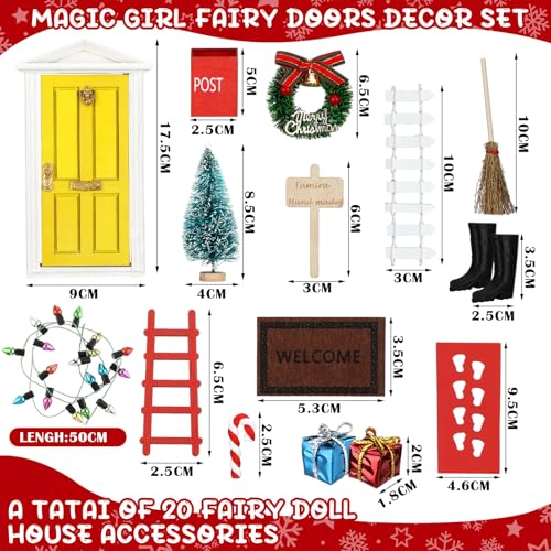 Hungdao 20-Piece Miniature Elf Fairy Doors Decor Set - Includes Red & Yellow Doors, LED Lights, and Accessories