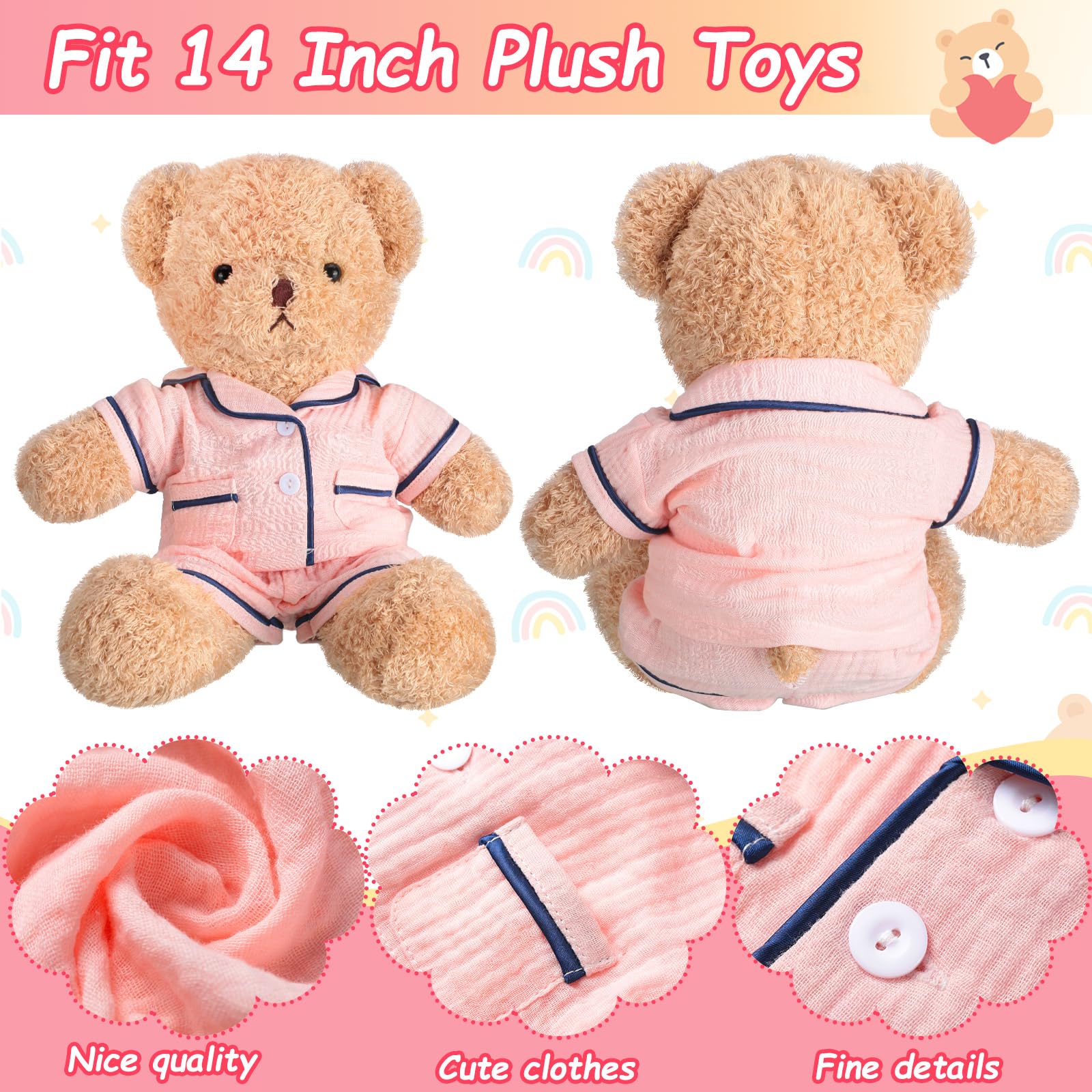 Hungdao Pink Bear Pajamas Set – Fits 14-Inch Stuffed Animals, Muslin Short-Sleeve Shirt & Shorts