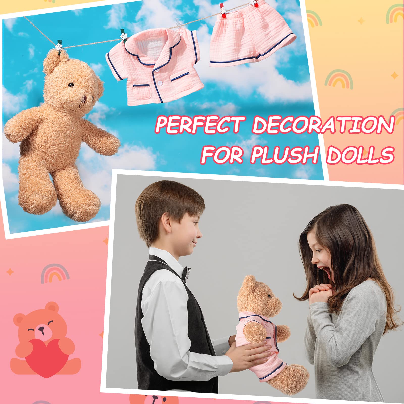 Hungdao Pink Bear Pajamas Set – Fits 14-Inch Stuffed Animals, Muslin Short-Sleeve Shirt & Shorts
