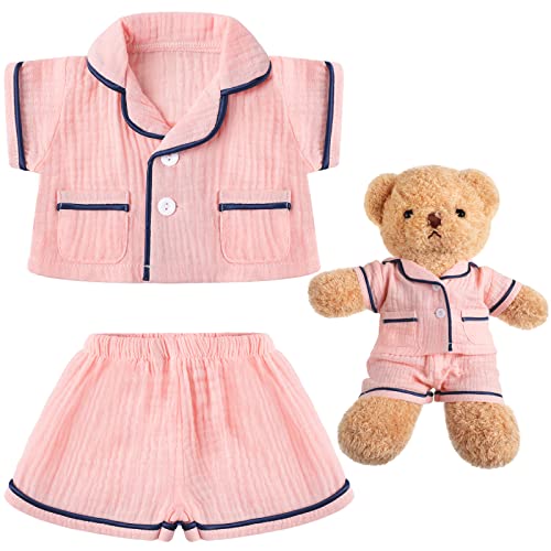 Hungdao Pink Bear Pajamas Set – Fits 14-Inch Stuffed Animals, Muslin Short-Sleeve Shirt & Shorts