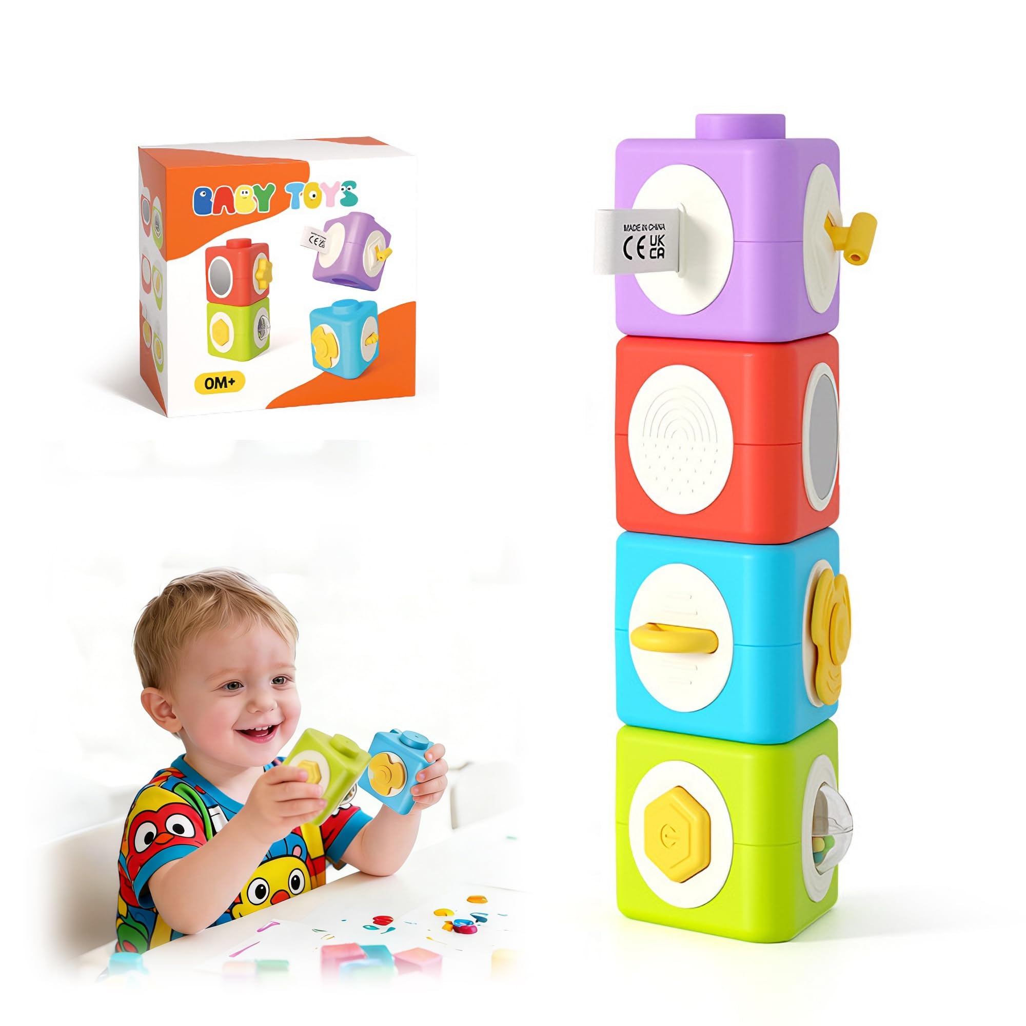 HUNKING 12-in-1 Montessori Activity Cubes & Stacking Blocks for Toddlers 2+ – Sensory Travel Toy Set of 4