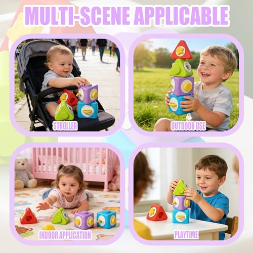 HUNKING 12-in-1 Montessori Activity Cubes & Stacking Blocks for Toddlers 2+ – Sensory Travel Toy Set of 4