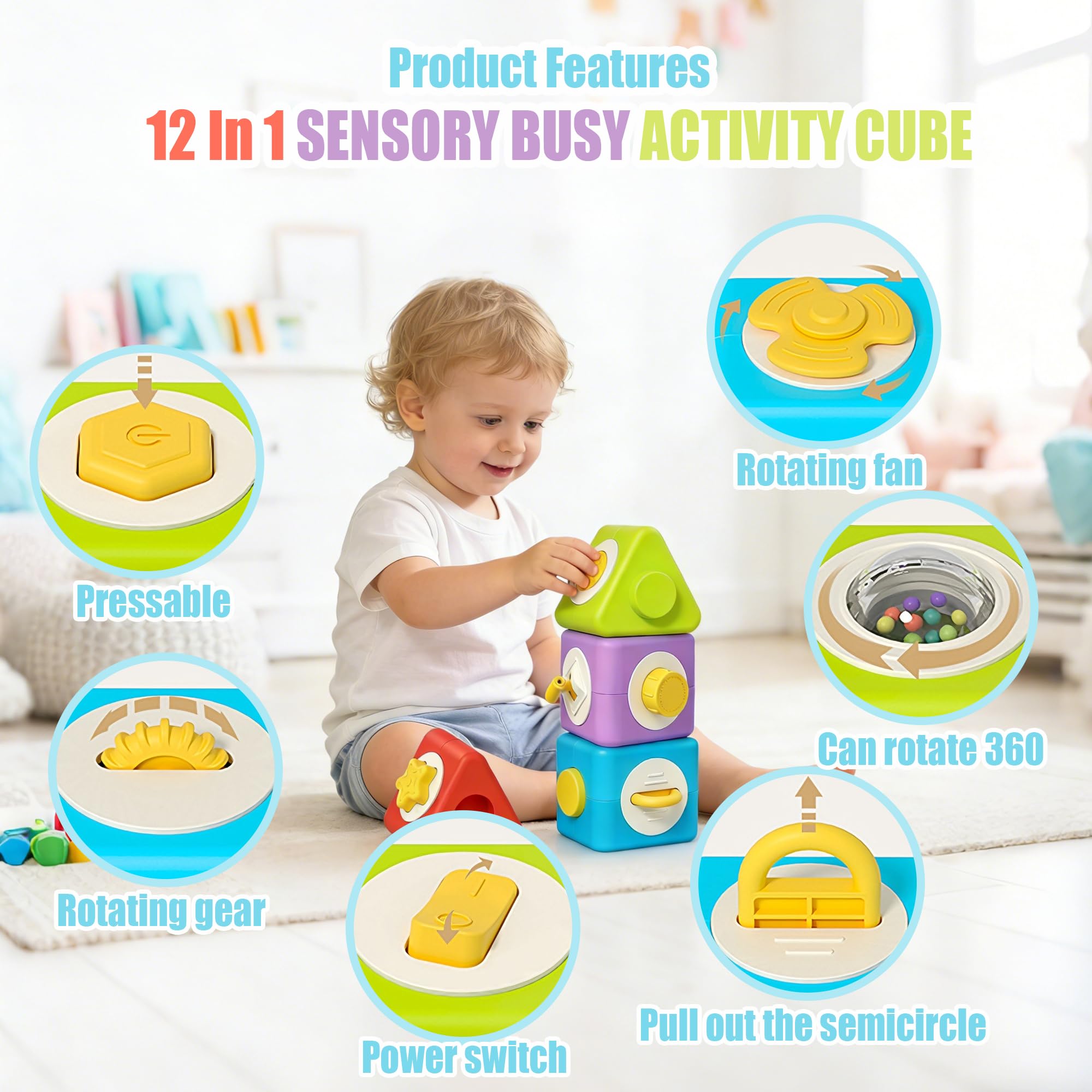HUNKING 12-in-1 Montessori Activity Cubes & Stacking Blocks for Toddlers 2+ – Sensory Travel Toy Set of 4