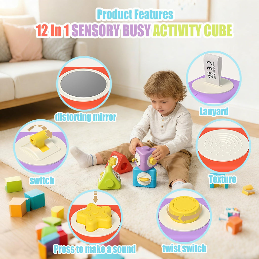 HUNKING 12-in-1 Montessori Activity Cubes & Stacking Blocks for Toddlers 2+ – Sensory Travel Toy Set of 4