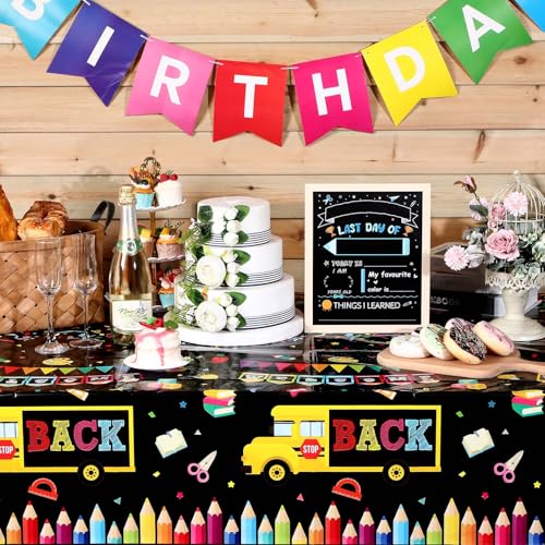 HunnmingRe 3-Pack Back to School Plastic Tablecloth, 54x108 Inch, Bus Theme Disposable Table Cover for First Day of School Party Decor