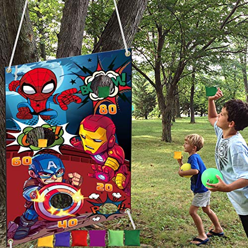 Huoety Superhero Toss Game Banner & 6 Bean Bags - Red Party Game