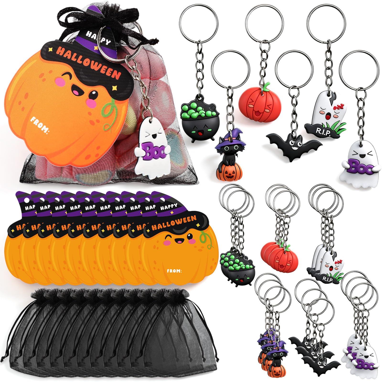 Huquary 24-Piece Halloween Goodie Bags with Keychains, Cards, and Organza Bags for Kids Party Favors