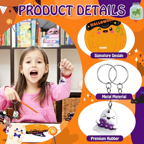 Huquary 24-Piece Halloween Goodie Bags with Keychains, Cards, and Organza Bags for Kids Party Favors