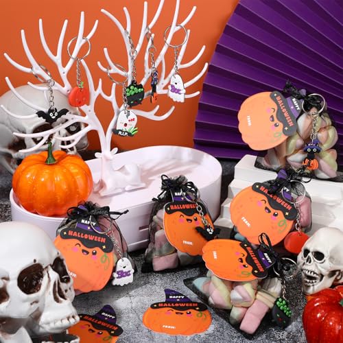 Huquary 24-Piece Halloween Goodie Bags with Keychains, Cards, and Organza Bags for Kids Party Favors