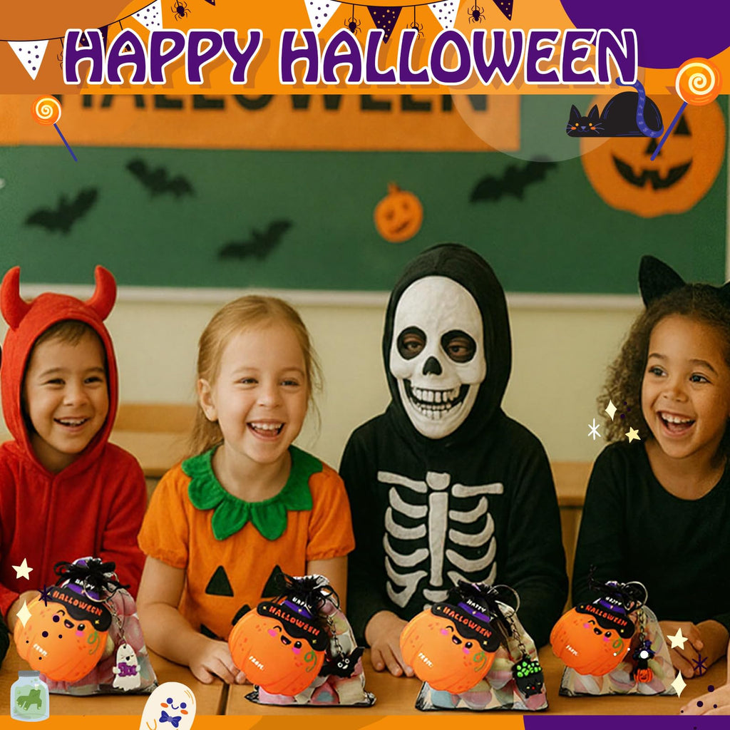 Huquary 24-Piece Halloween Goodie Bags with Keychains, Cards, and Organza Bags for Kids Party Favors