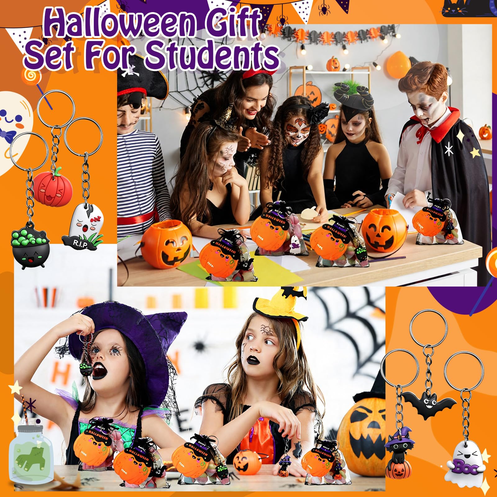 Huquary 24-Piece Halloween Goodie Bags with Keychains, Cards, and Organza Bags for Kids Party Favors
