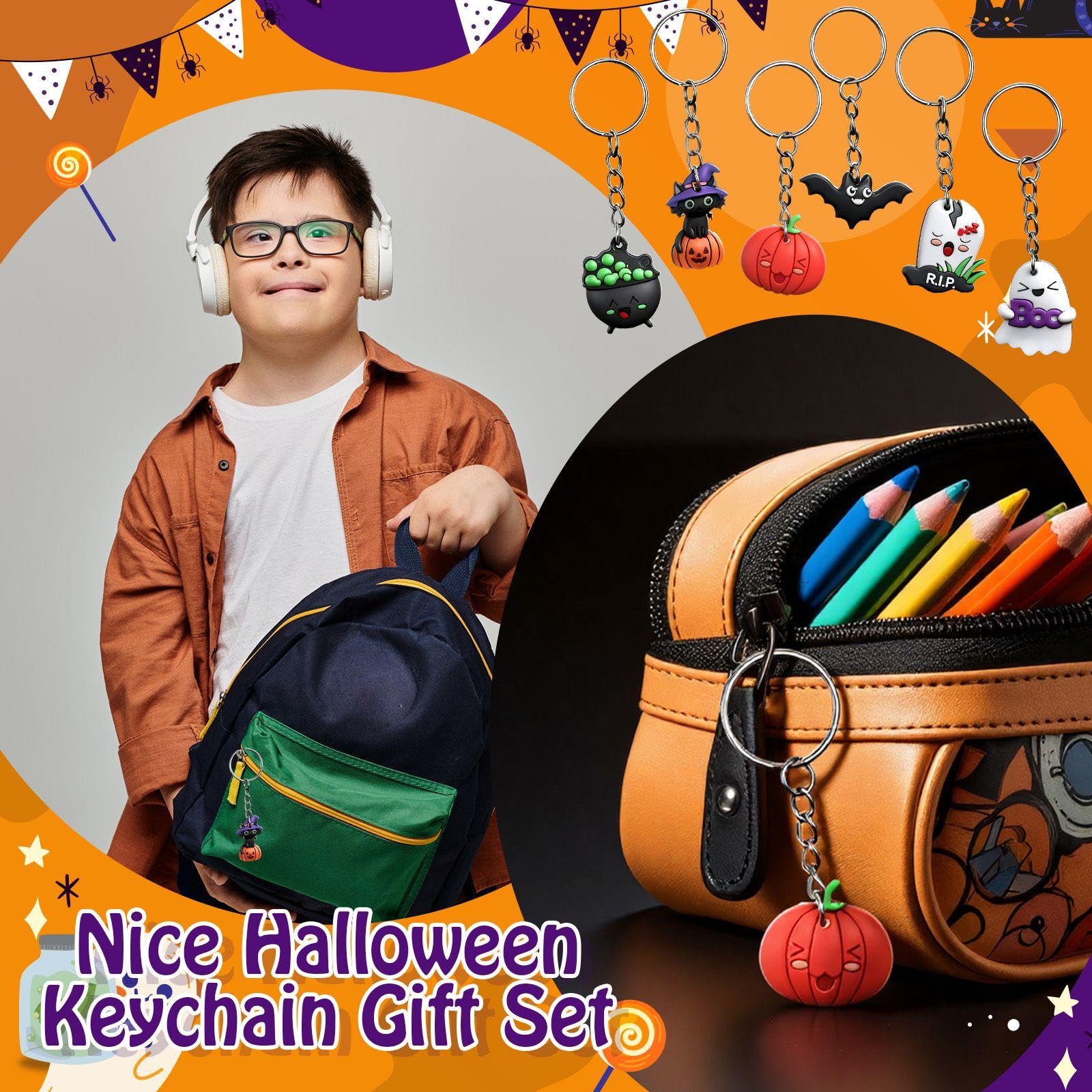 Huquary 24-Piece Halloween Goodie Bags with Keychains, Cards, and Organza Bags for Kids Party Favors