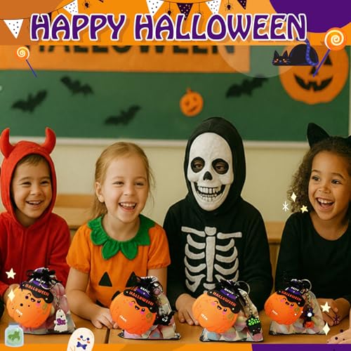 Huquary 24-Piece Halloween Goodie Bags with Keychains, Cards, and Organza Bags for Kids Party Favors