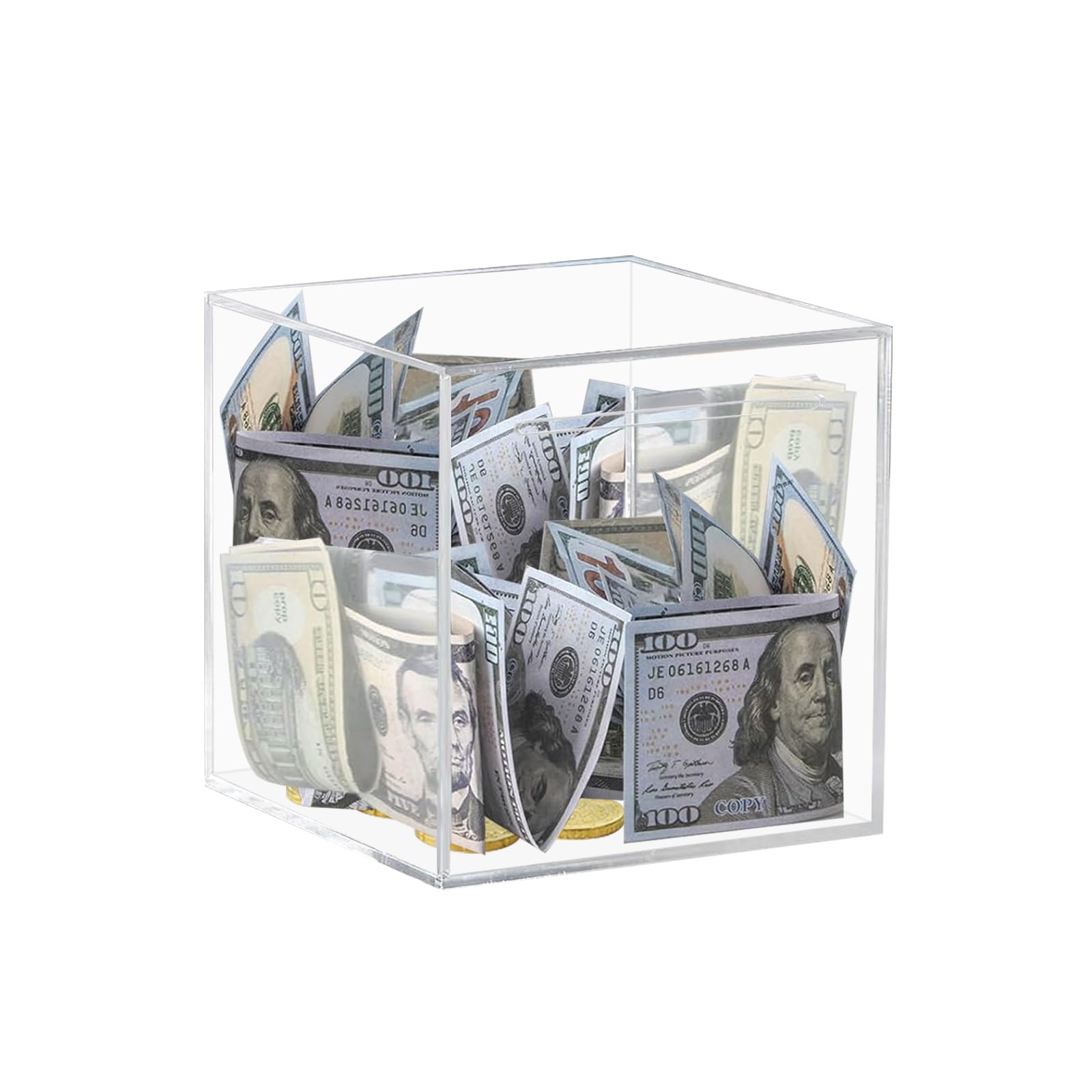 HUSAN Clear Acrylic Piggy Bank – Transparent Money Box for Cash and Coins, Must-Break-to-Open Savings Bank, Gift for Kids and Adults (Cube)