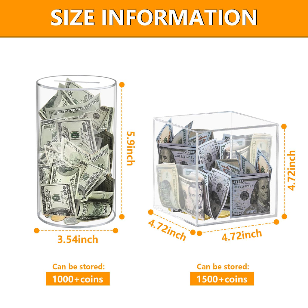 HUSAN Clear Acrylic Piggy Bank – Transparent Money Box for Cash and Coins, Must-Break-to-Open Savings Bank, Gift for Kids and Adults (Cube)