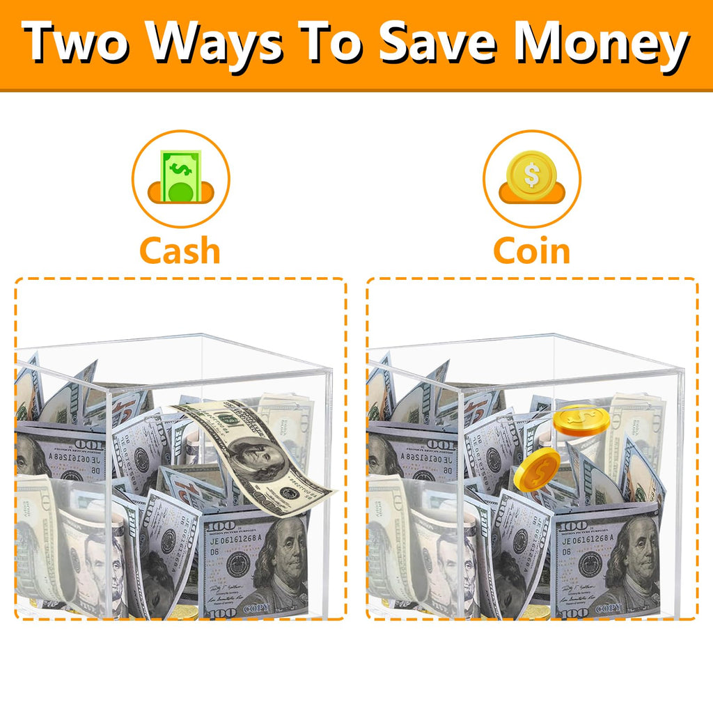 HUSAN Clear Acrylic Piggy Bank – Transparent Money Box for Cash and Coins, Must-Break-to-Open Savings Bank, Gift for Kids and Adults (Cube)