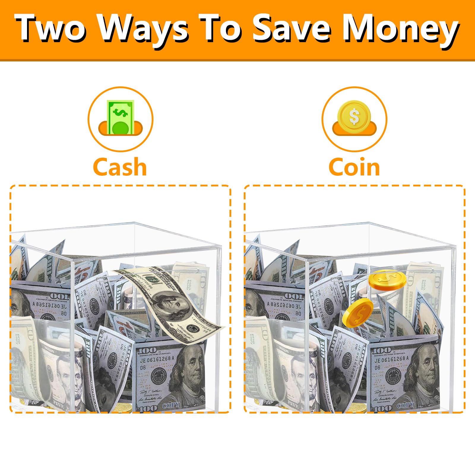 HUSAN Clear Acrylic Piggy Bank – Transparent Money Box for Cash and Coins, Must-Break-to-Open Savings Bank, Gift for Kids and Adults (Cube)