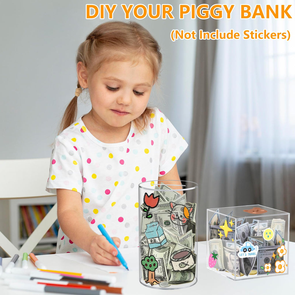 HUSAN Clear Acrylic Piggy Bank – Transparent Money Box for Cash and Coins, Must-Break-to-Open Savings Bank, Gift for Kids and Adults (Cube)