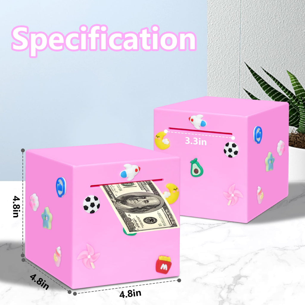 HUSAN Pink Break-to-Open Piggy Bank - 4.72-Inch Solid ABS Money Box with DIY Stickers for Kids and Adults