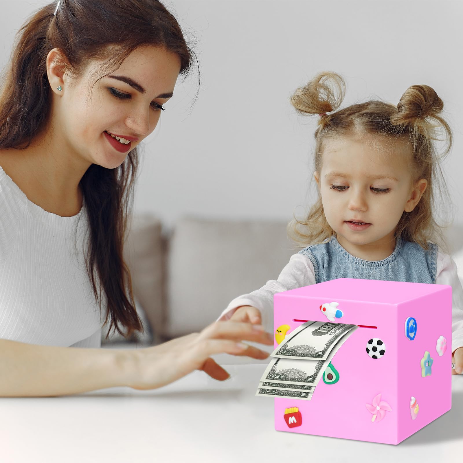HUSAN Pink Break-to-Open Piggy Bank - 4.72-Inch Solid ABS Money Box with DIY Stickers for Kids and Adults
