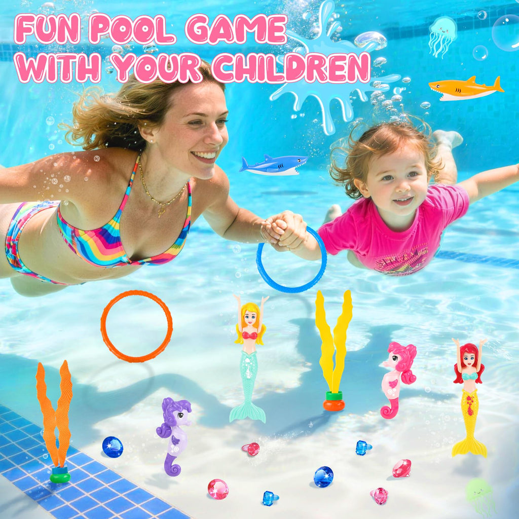 HUUIDY 19-Piece Pool Diving Toys Set – Mermaids, Sharks, Gems, Rings & Mesh Bag for Kids Ages 3-12