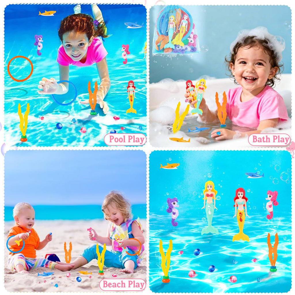 HUUIDY 19-Piece Pool Diving Toys Set – Mermaids, Sharks, Gems, Rings & Mesh Bag for Kids Ages 3-12
