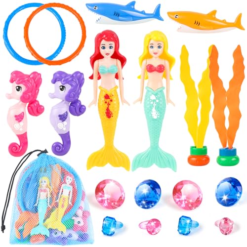 HUUIDY 19-Piece Pool Diving Toys Set – Mermaids, Sharks, Gems, Rings & Mesh Bag for Kids Ages 3-12