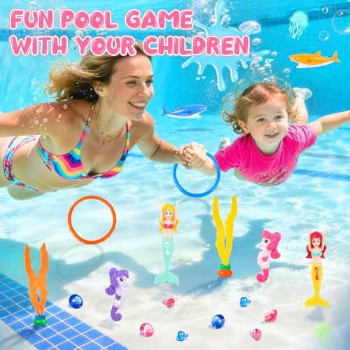 HUUIDY 19-Piece Pool Diving Toys Set – Mermaids, Sharks, Gems, Rings & Mesh Bag for Kids Ages 3-12