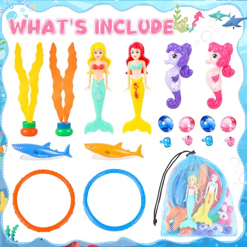HUUIDY 19-Piece Pool Diving Toys Set – Mermaids, Sharks, Gems, Rings & Mesh Bag for Kids Ages 3-12