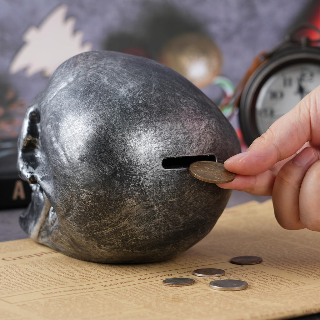 H&W Skull Money Bank – Realistic Silvery Skeleton Coin Bank for Halloween & Gothic Decor