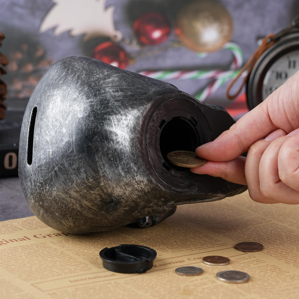 H&W Skull Money Bank – Realistic Silvery Skeleton Coin Bank for Halloween & Gothic Decor