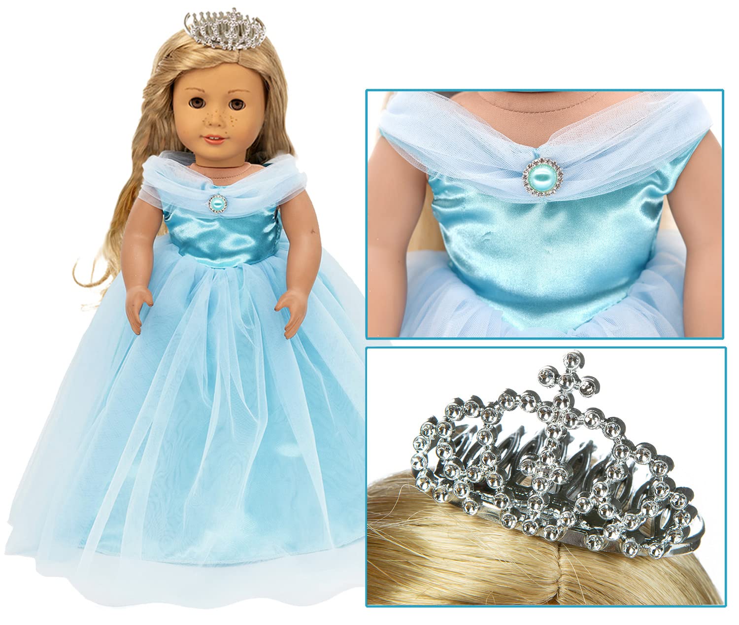 HWD Princess Doll Dress and Crown Set - Blue - Fits 18 Inch Dolls