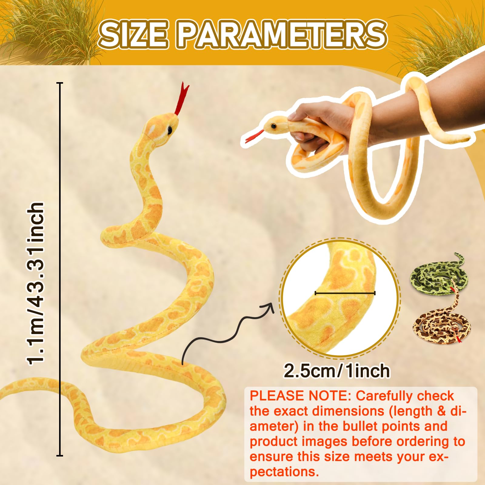 HWD Yellow Soft Snake Plush – 43.3 Inch Lifelike Stuffed Animal for Pranks and Gifts
