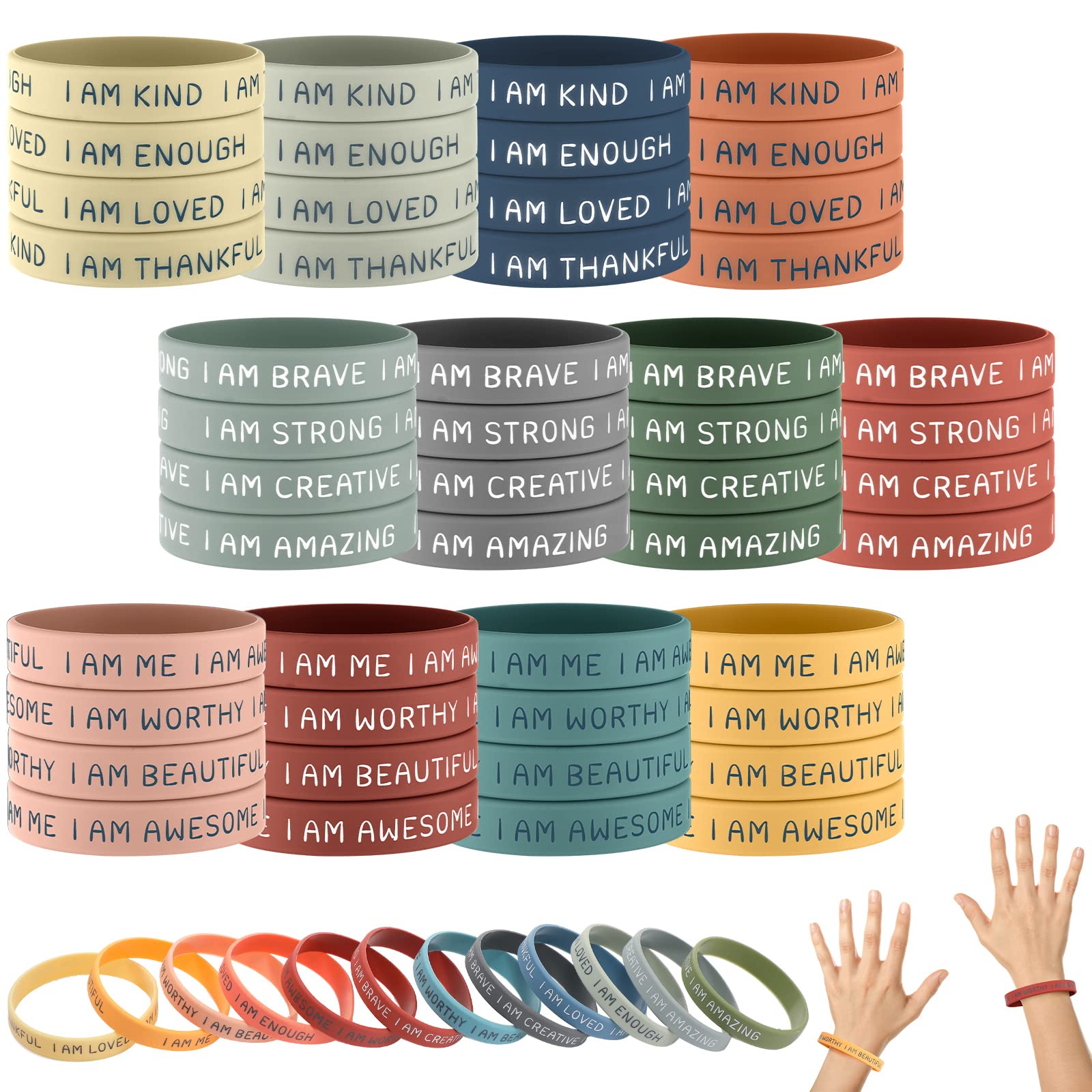 HyDren 48-Pack Motivational Silicone Wristbands, Bright Colors, 2.56" Positive Affirmation Bracelets Bulk