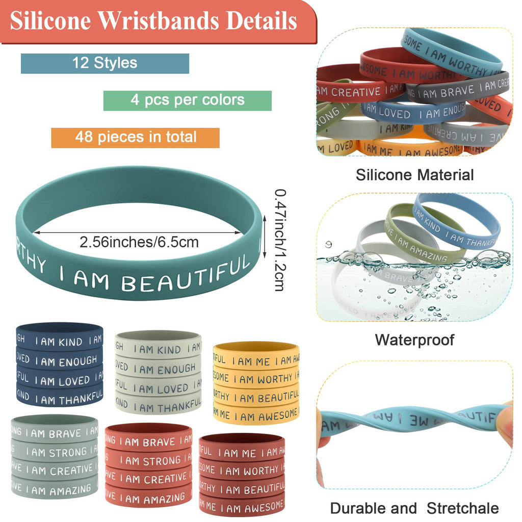 HyDren 48-Pack Motivational Silicone Wristbands, Bright Colors, 2.56" Positive Affirmation Bracelets Bulk