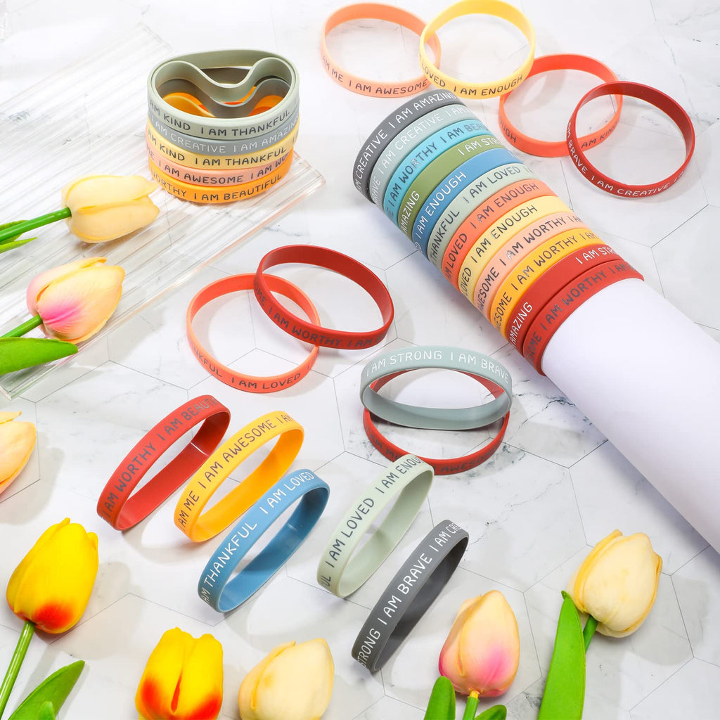 HyDren 48-Pack Motivational Silicone Wristbands, Bright Colors, 2.56" Positive Affirmation Bracelets Bulk