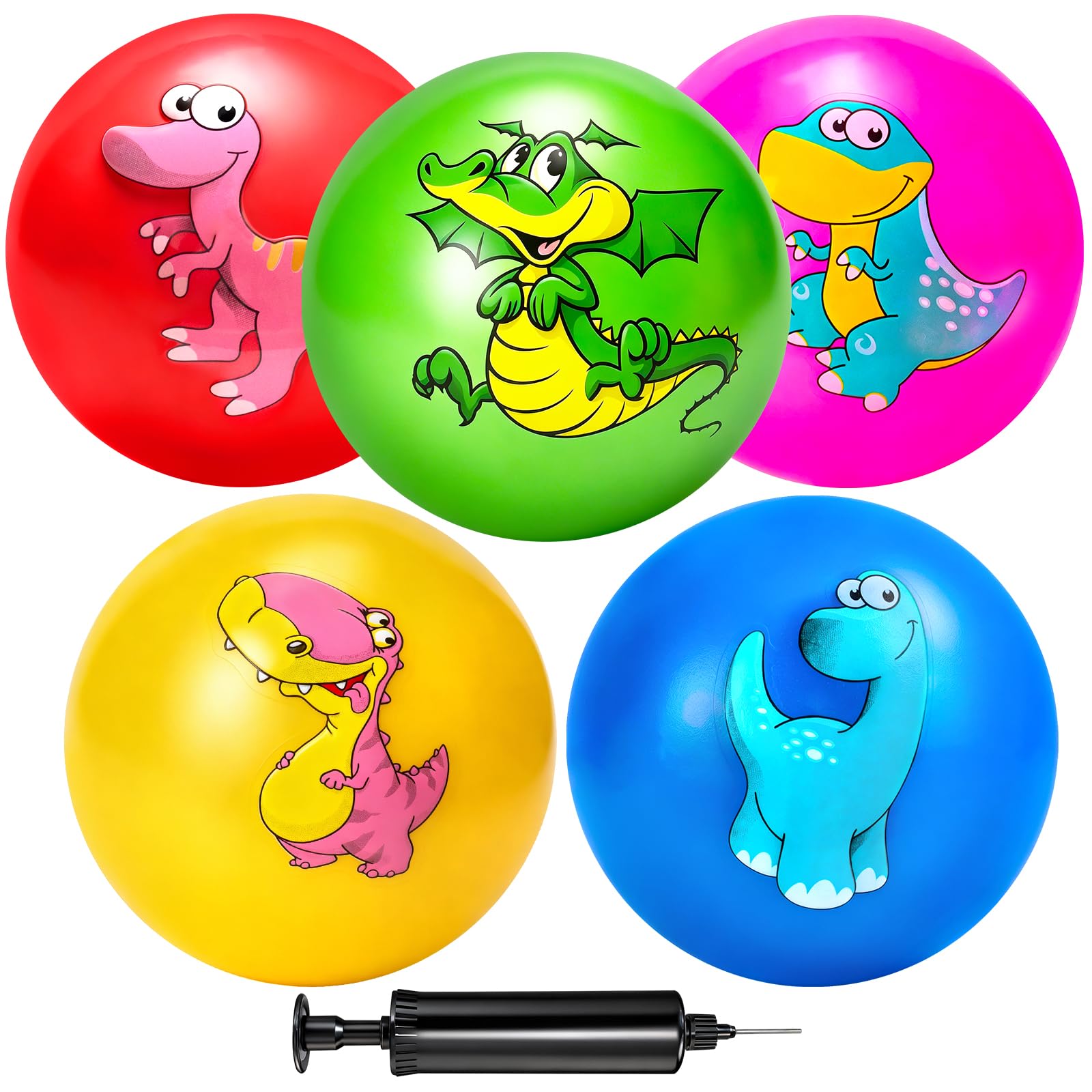 Hymaz 5-Pack 9-Inch Bouncy Balls for Toddlers – Soft Dinosaur Inflatable Balls with Pump for Indoor & Outdoor Play