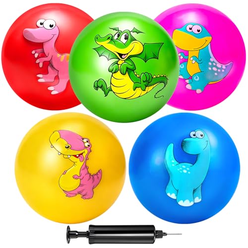 Hymaz 5-Pack 9-Inch Bouncy Balls for Toddlers – Soft Dinosaur Inflatable Balls with Pump for Indoor & Outdoor Play