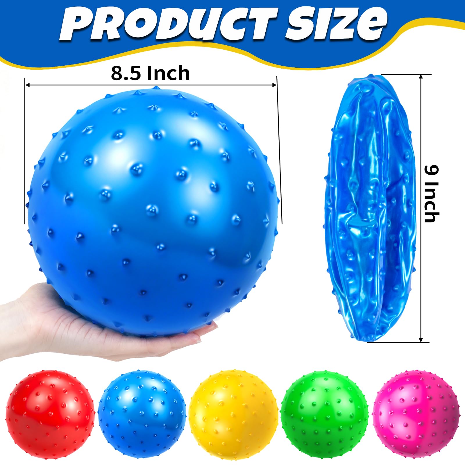 Hymaz 9-Inch Knobby Balls Set of 5 – Soft Sensory Bouncy Balls with Pump for Kids, Toddlers, Stress Relief, Party Favors
